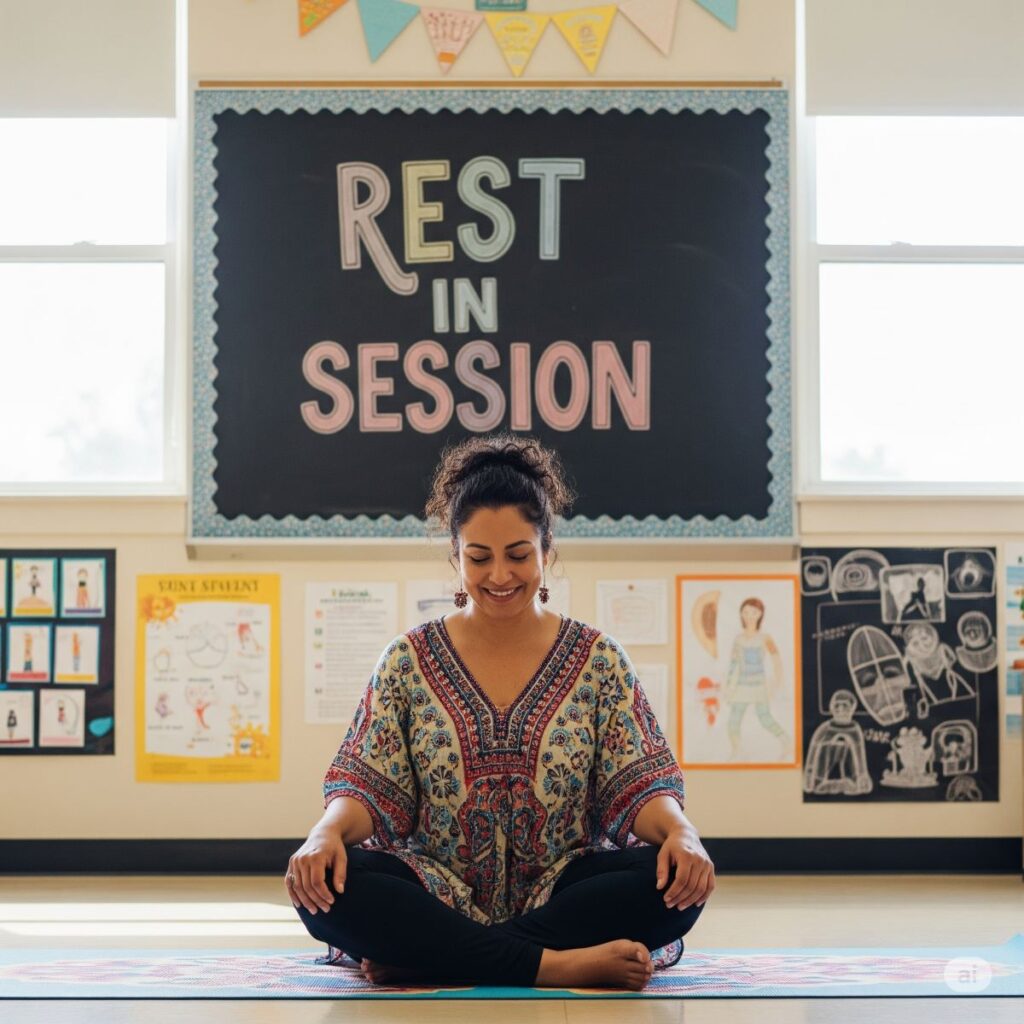 Woman sitting in a classroom with a board that says Rest in Session
