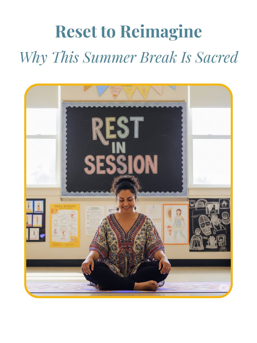 Woman sitting in a classroom with a board that says Rest in Session