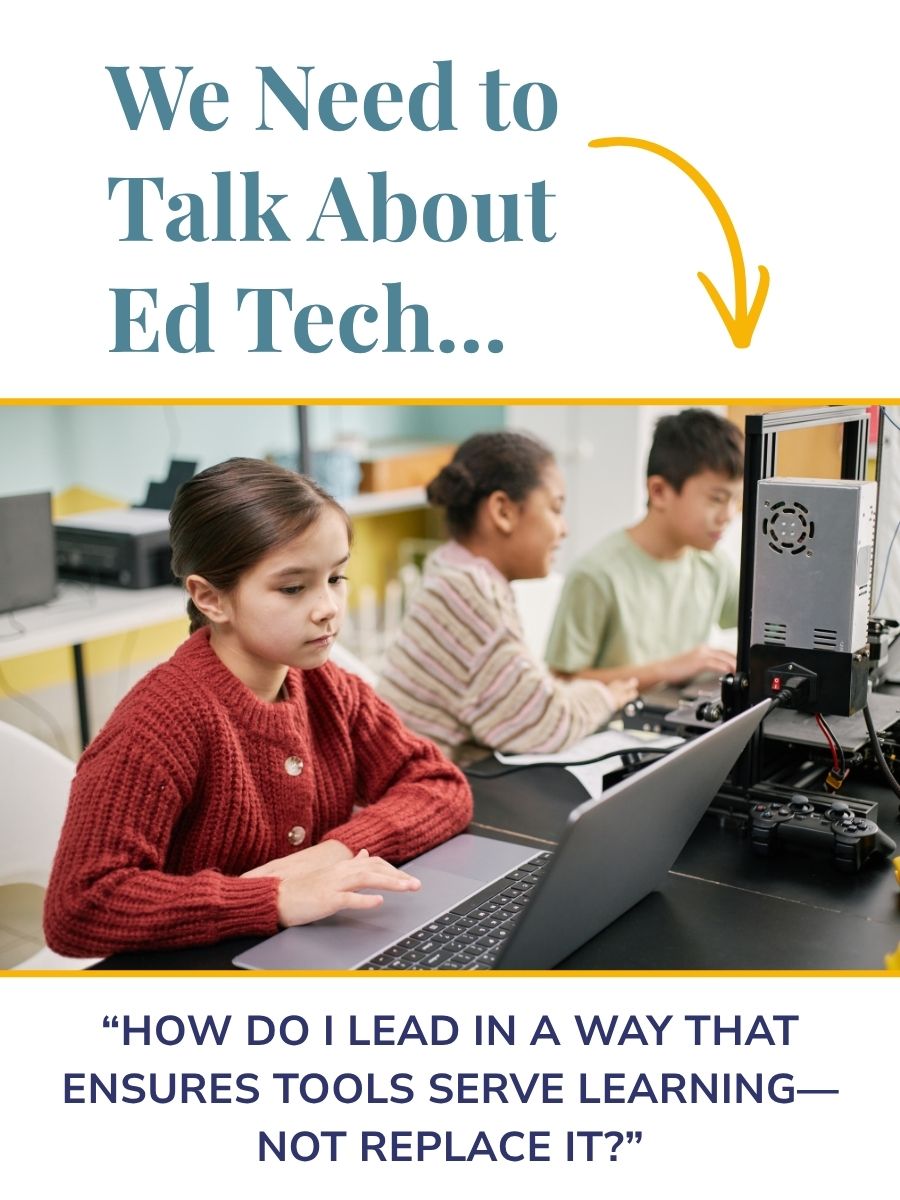 "We Need to Talk About Ed Tech" title with kids on laptops in a classroom
