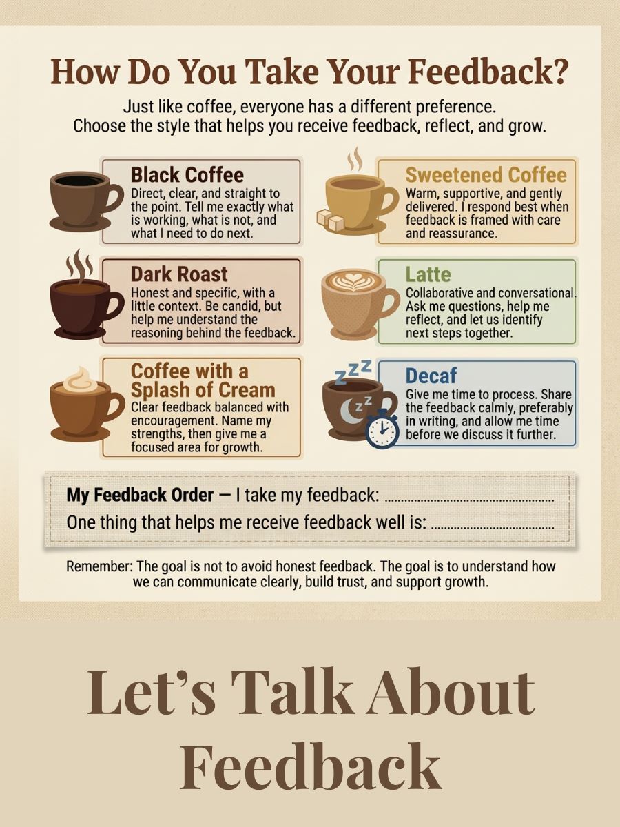 "Let's Talk About Feedback" post title under coffee bar menu